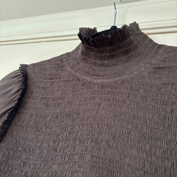 Ulla Johnson Noir Angelica Mock Neck Smocked Mini Dress Size 2 Embroidered Brown - Picture 9 of 16